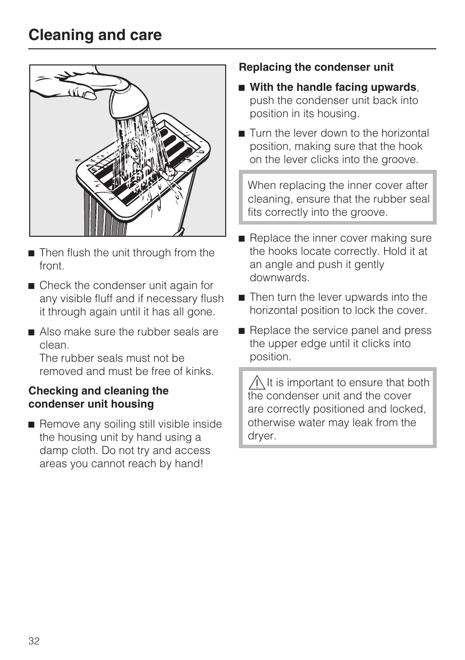 Replacing the condenser unit 32, Cleaning and care | Miele T 4839 Ci User Manual | Page 32 / 60