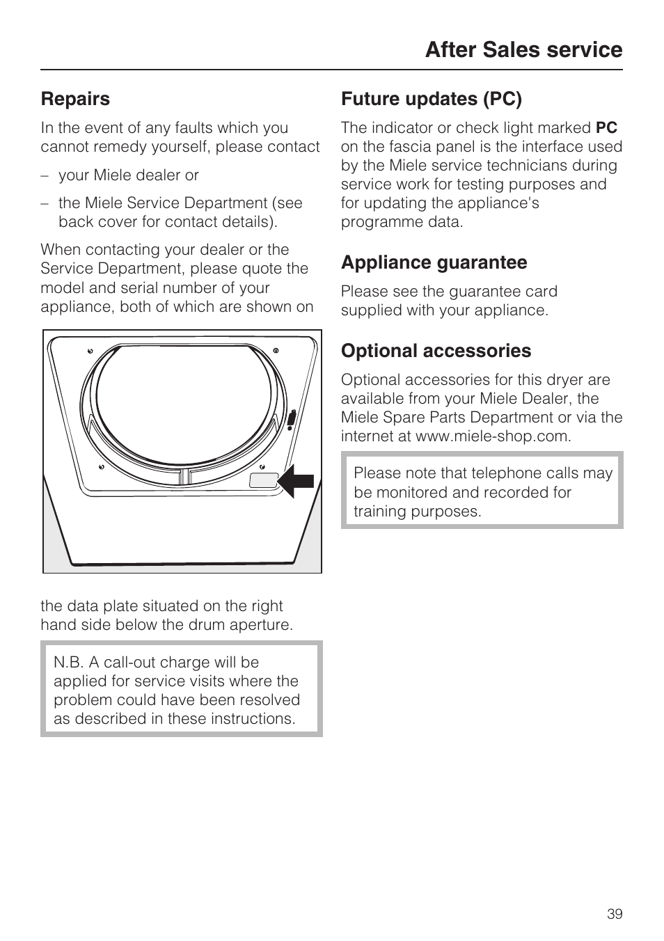 After sales service 39, Repairs 39, Future updates (pc) 39 | Appliance guarantee 39, Optional accessories 39, After sales service | Miele T 4839 Ci User Manual | Page 39 / 60