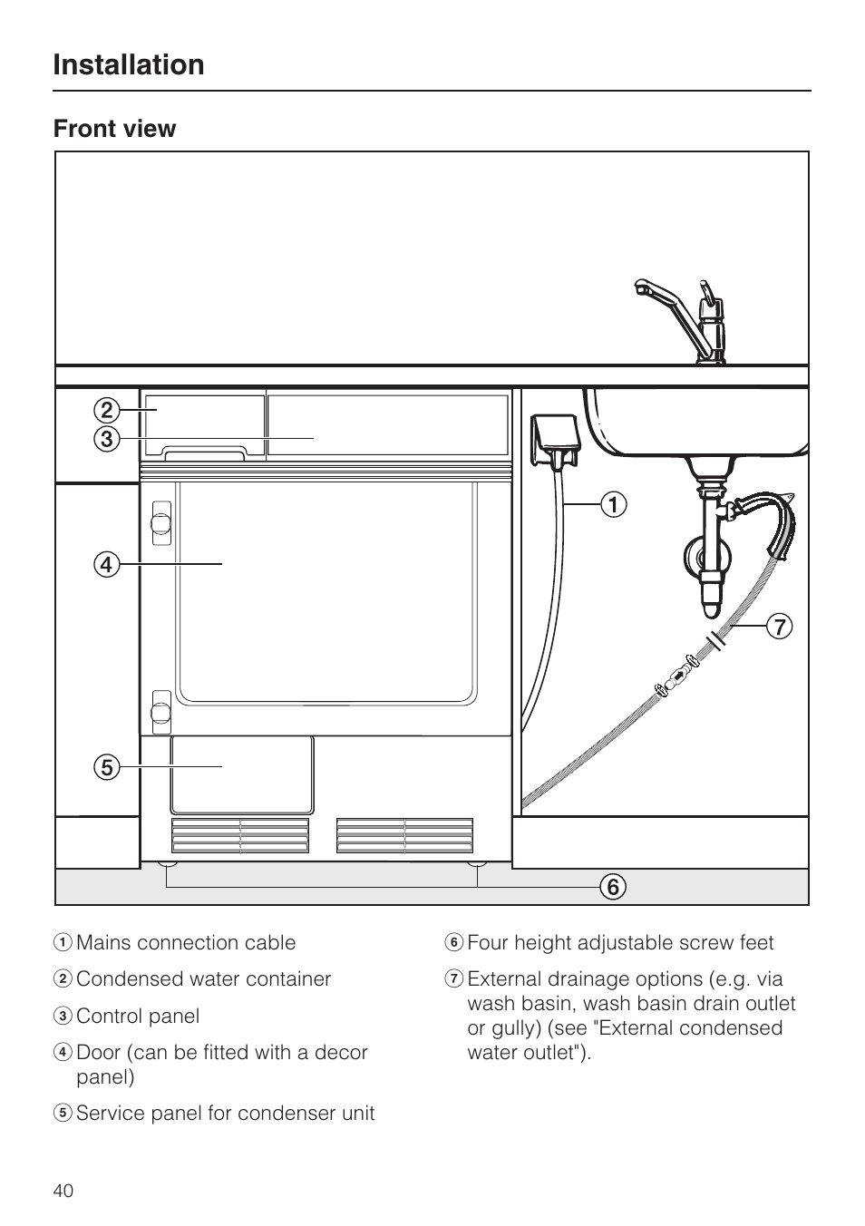 Installation 40, Front view 40, Installation | Front view | Miele T 4839 Ci User Manual | Page 40 / 60