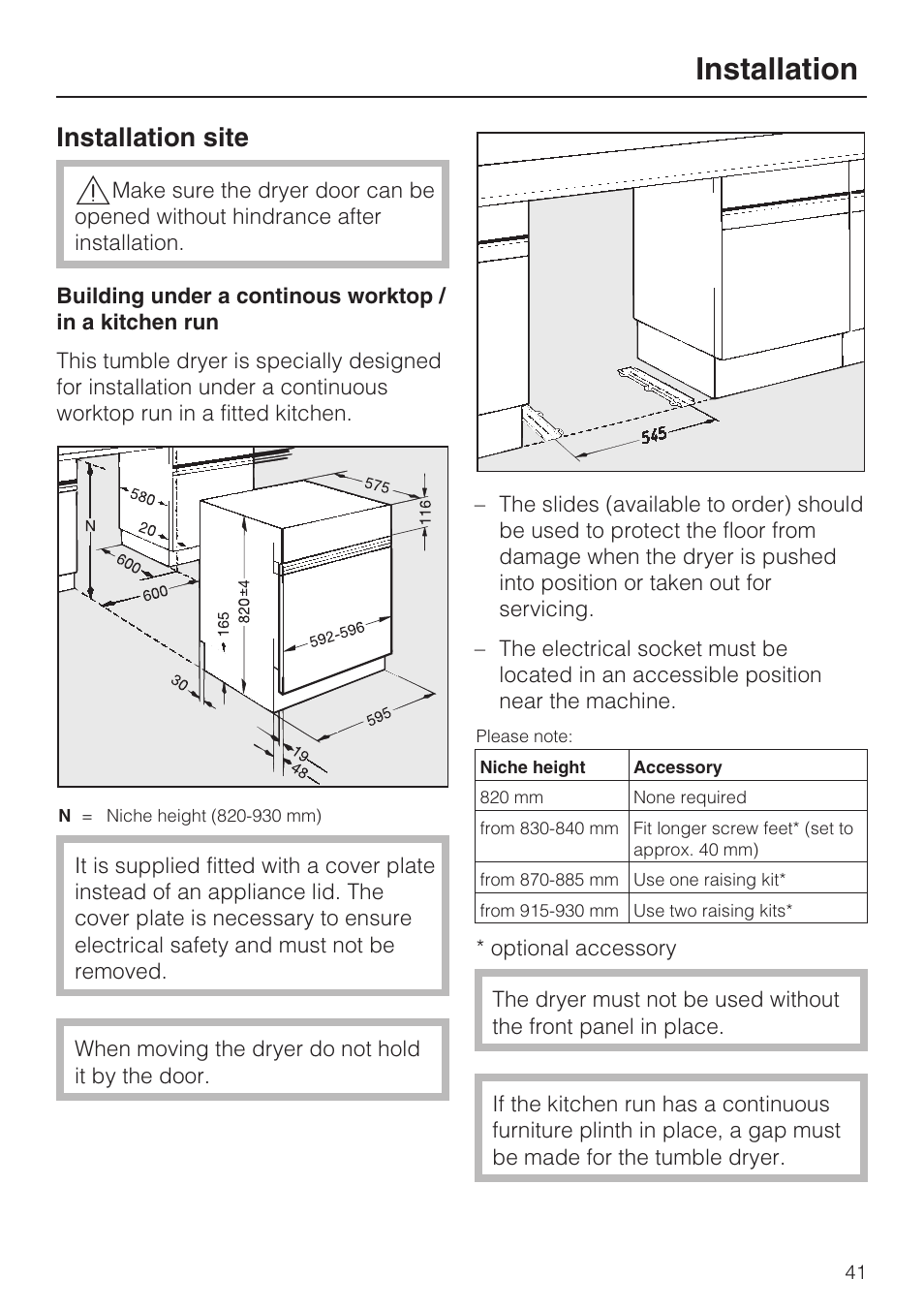 Installation site 41, Installation, Installation site | Miele T 4839 Ci User Manual | Page 41 / 60