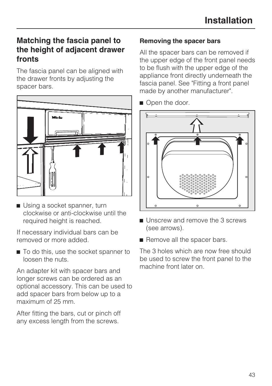 Removing the spacer bars 43, Installation | Miele T 4839 Ci User Manual | Page 43 / 60