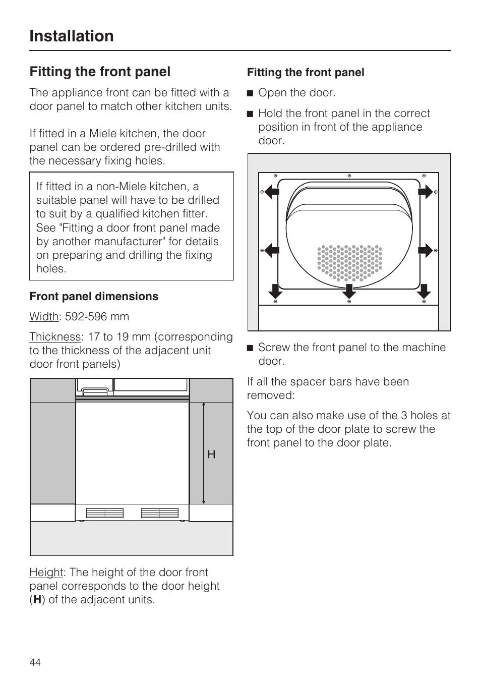 Fitting the front panel 44, Front panel dimensions 44, Installation | Fitting the front panel | Miele T 4839 Ci User Manual | Page 44 / 60