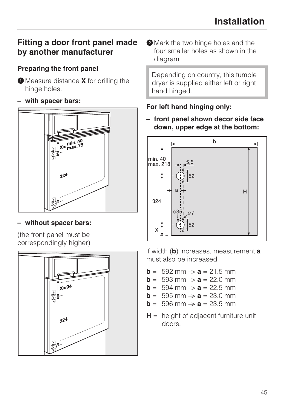 Preparing the front panel 45, Installation | Miele T 4839 Ci User Manual | Page 45 / 60