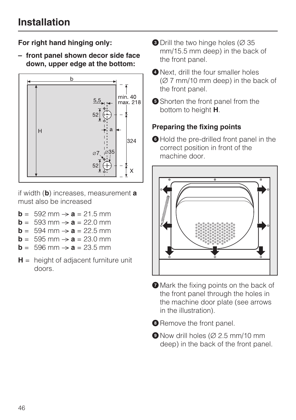 Preparing the fixing points 46, Installation | Miele T 4839 Ci User Manual | Page 46 / 60