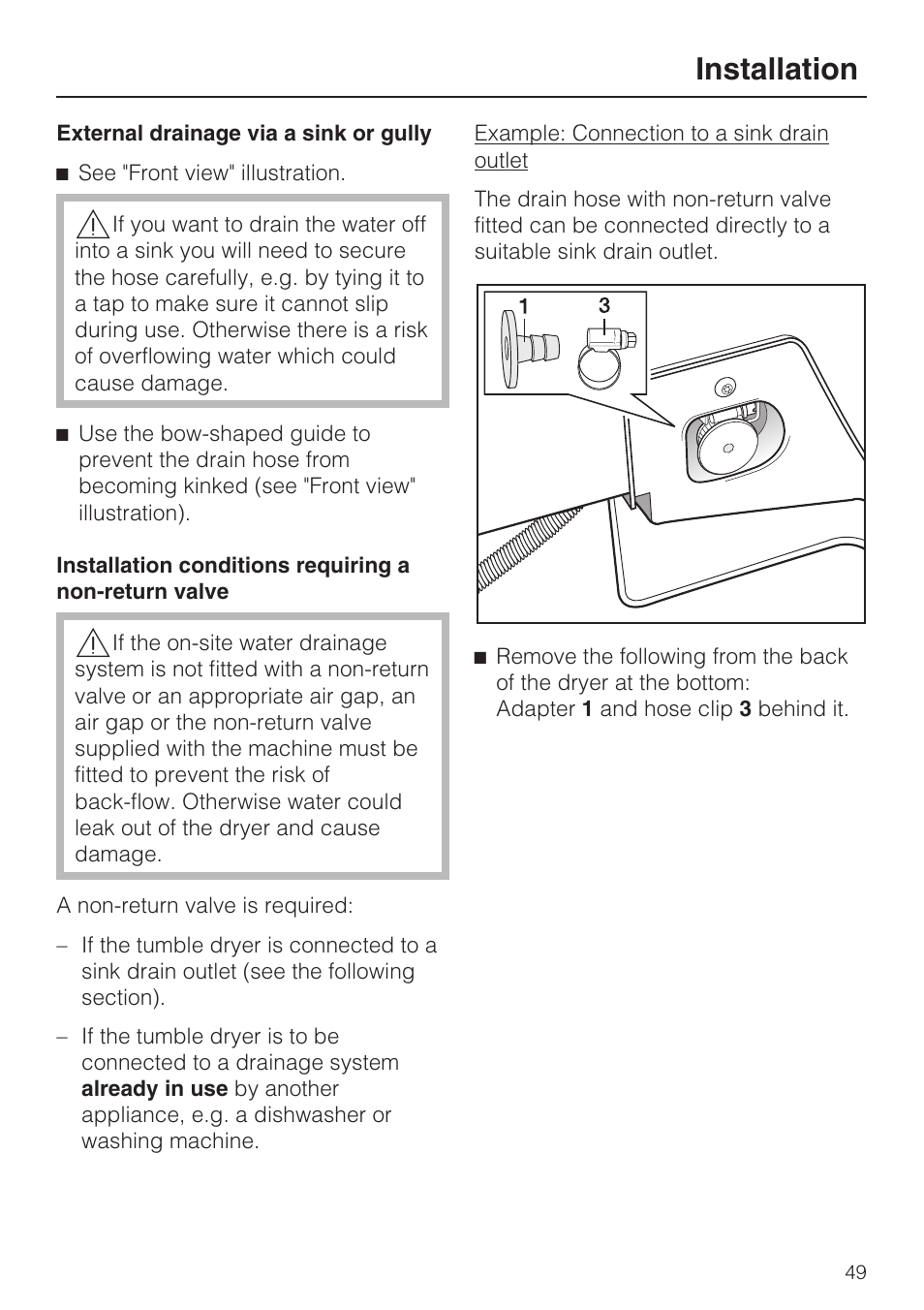 External drainage via a sink or gully 49, Installation | Miele T 4839 Ci User Manual | Page 49 / 60