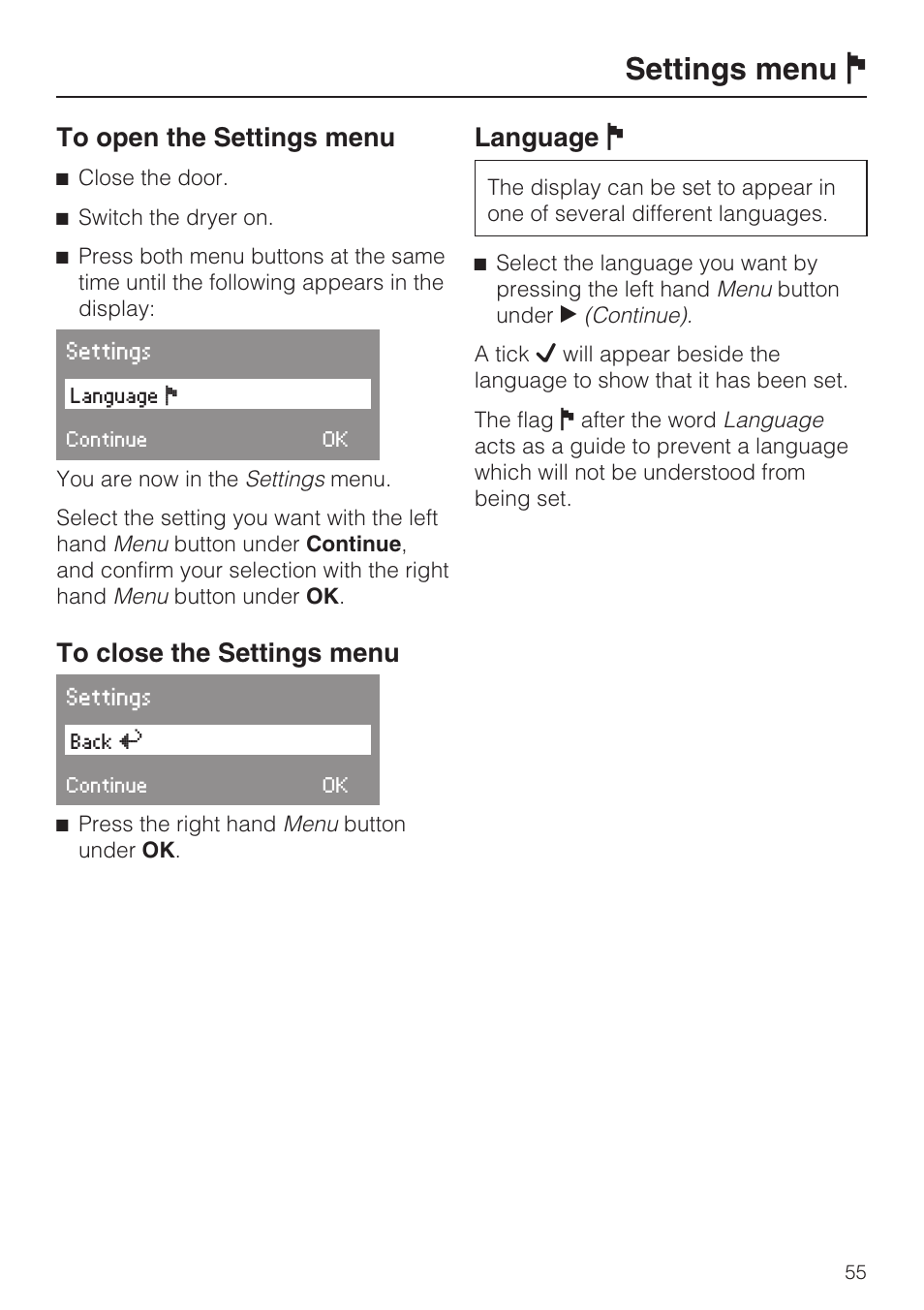 Settings menu j 55, To open the settings menu 55, To close the settings menu 55 | Language j 55, Settings menu j, Language j | Miele T 4839 Ci User Manual | Page 55 / 60