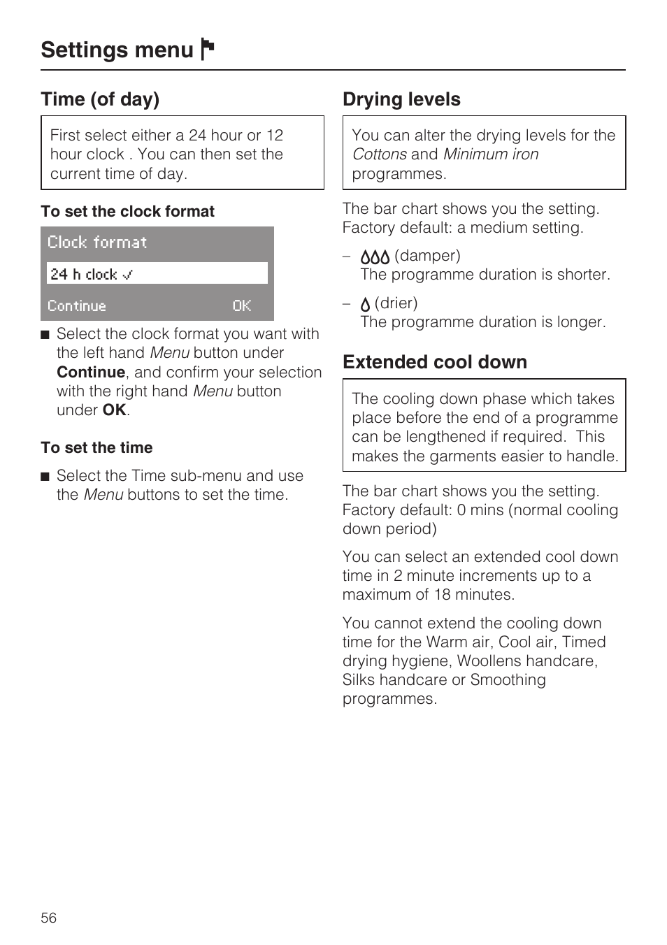 Time (of day) 56, Drying levels 56, Extended cool down 56 | Settings menu j, Time (of day), Drying levels, Extended cool down | Miele T 4839 Ci User Manual | Page 56 / 60