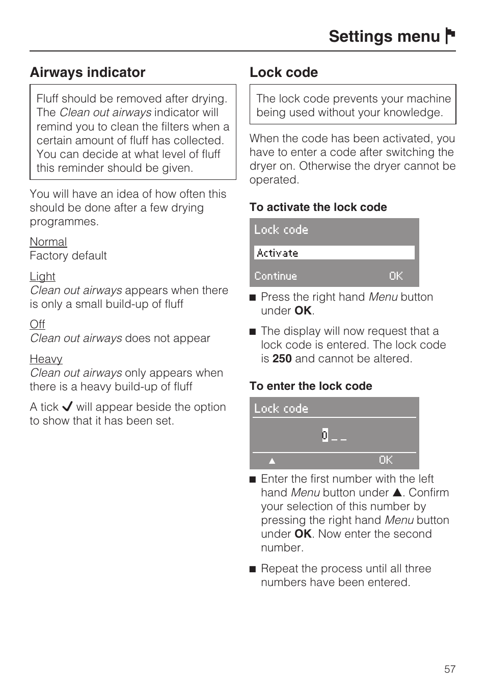 Airways indicator 57, Lock code 57, Settings menu j | Airways indicator, Lock code | Miele T 4839 Ci User Manual | Page 57 / 60