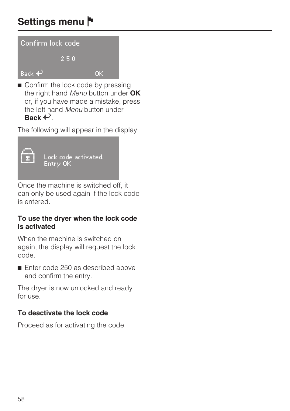 Settings menu j | Miele T 4839 Ci User Manual | Page 58 / 60