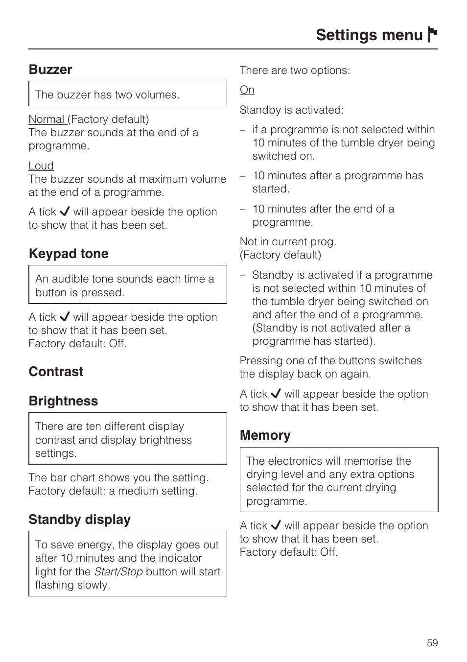 Buzzer 59, Keypad tone 59, Contrast 59 | Brightness 59, Standby display 59, Memory 59, Settings menu j, Buzzer, Keypad tone, Contrast brightness | Miele T 4839 Ci User Manual | Page 59 / 60