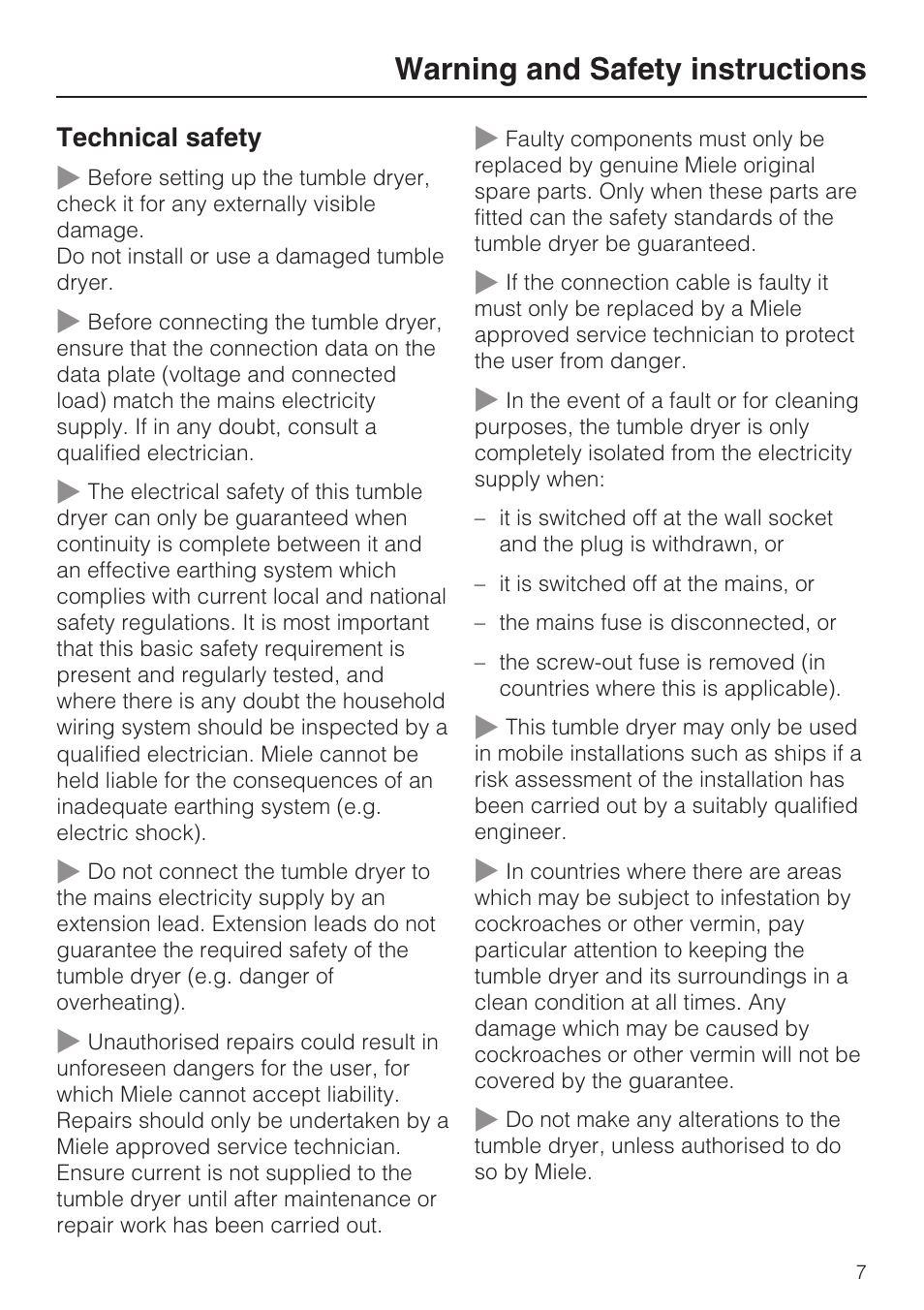 Warning and safety instructions | Miele T 4839 Ci User Manual | Page 7 / 60