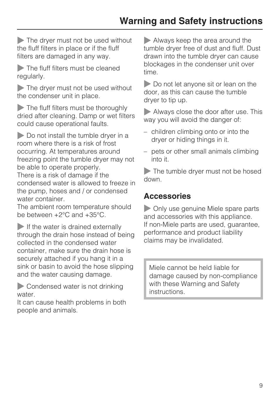 Warning and safety instructions | Miele T 4839 Ci User Manual | Page 9 / 60