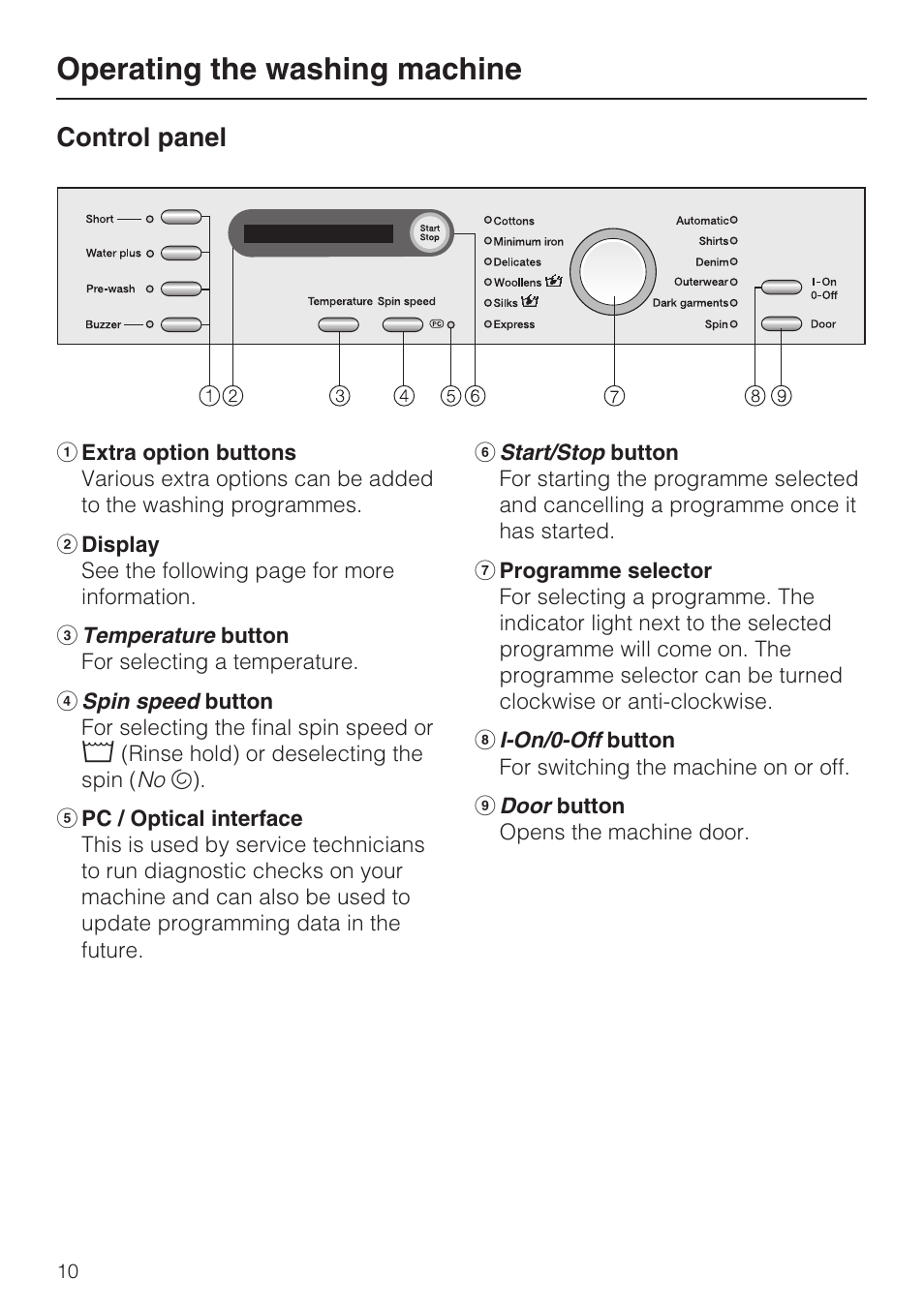 Operating the washing machine 10, Control panel 10, Operating the washing machine | Control panel | Miele W 3748 User Manual | Page 10 / 64