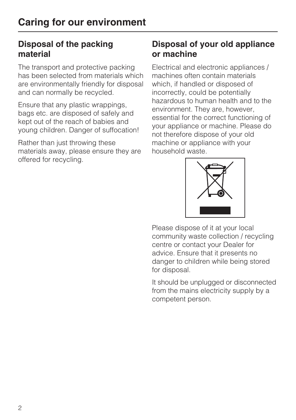 Caring for our environment 2, Caring for our environment | Miele W 3748 User Manual | Page 2 / 64