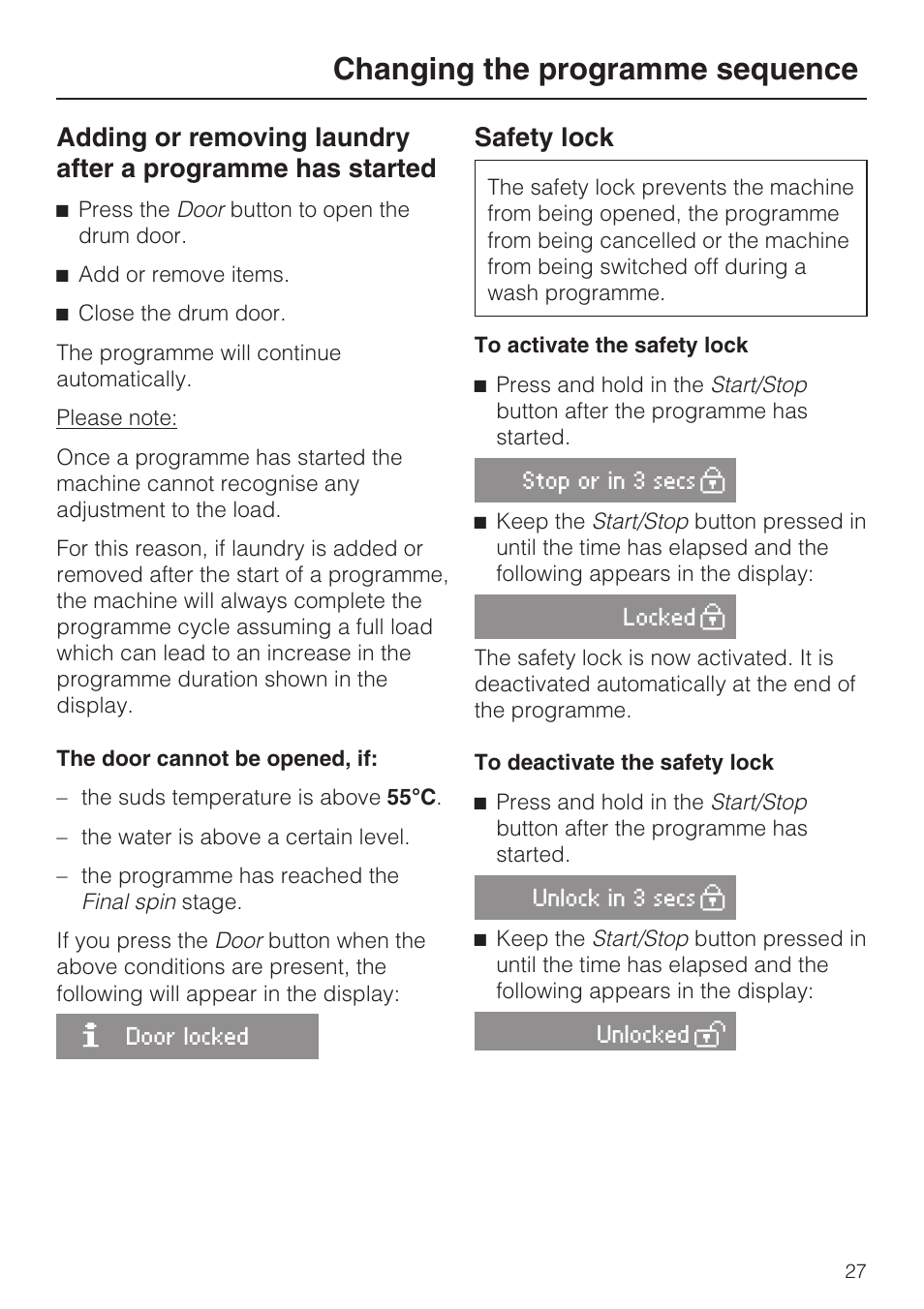 Safety lock 27, Changing the programme sequence, Safety lock | Miele W 3748 User Manual | Page 27 / 64