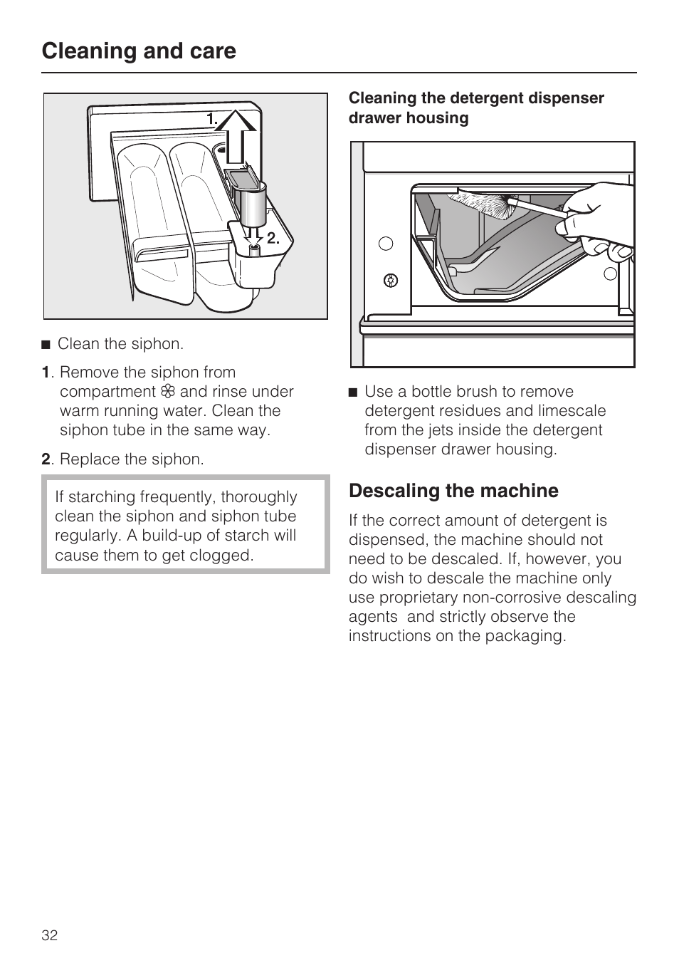 Descaling the machine 32, Cleaning and care, Descaling the machine | Miele W 3748 User Manual | Page 32 / 64