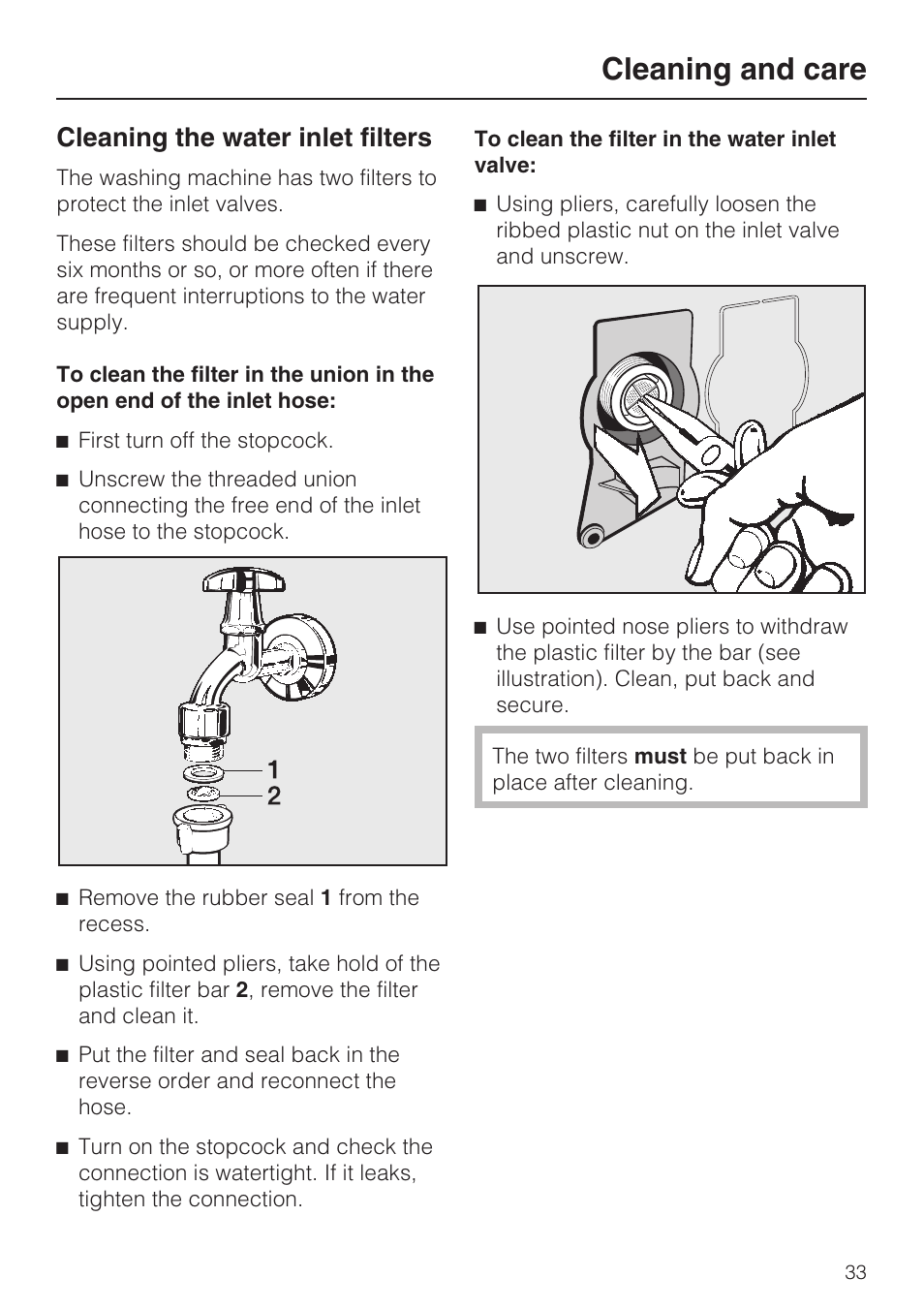 Cleaning the water inlet filters 33, Cleaning and care, Cleaning the water inlet filters | Miele W 3748 User Manual | Page 33 / 64