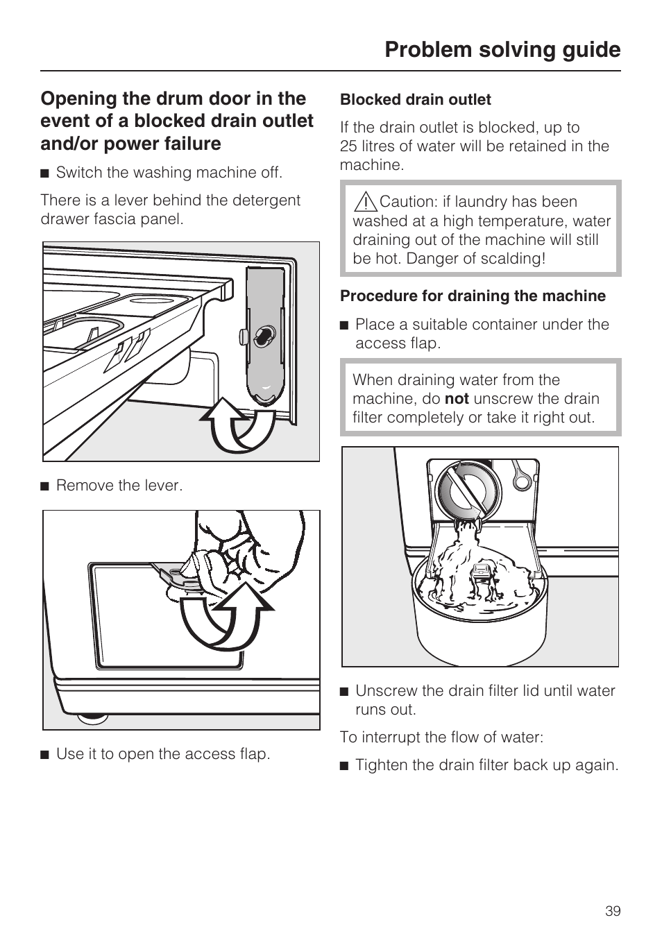 Blocked drain outlet 39, Problem solving guide | Miele W 3748 User Manual | Page 39 / 64