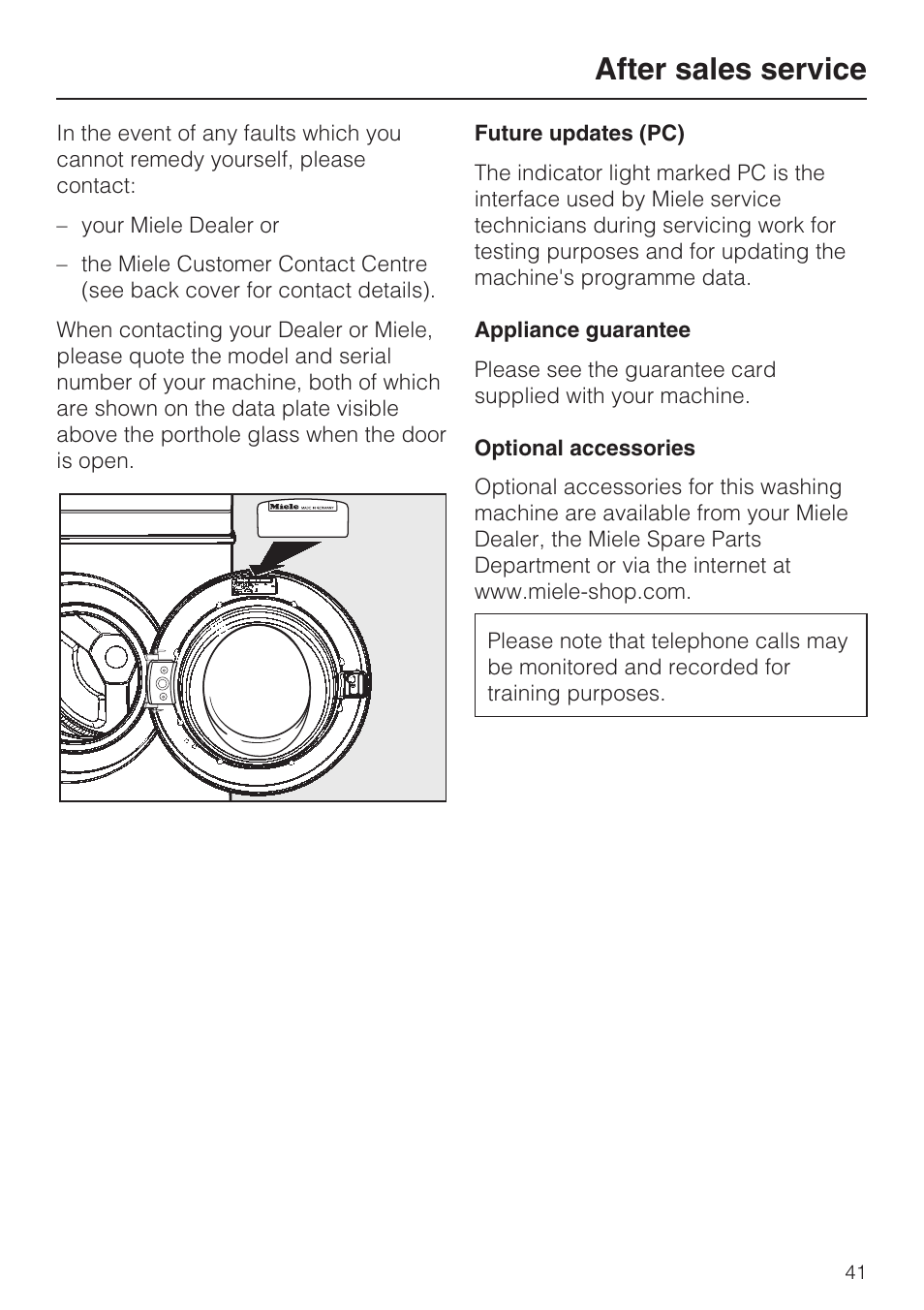 After sales service 41, Future updates (pc) 41, Appliance guarantee 41 | Optional accessories 41, After sales service | Miele W 3748 User Manual | Page 41 / 64