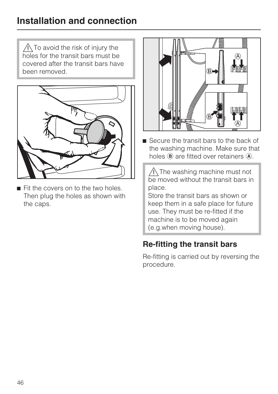 Re-fitting the transit bars 46, Installation and connection | Miele W 3748 User Manual | Page 46 / 64