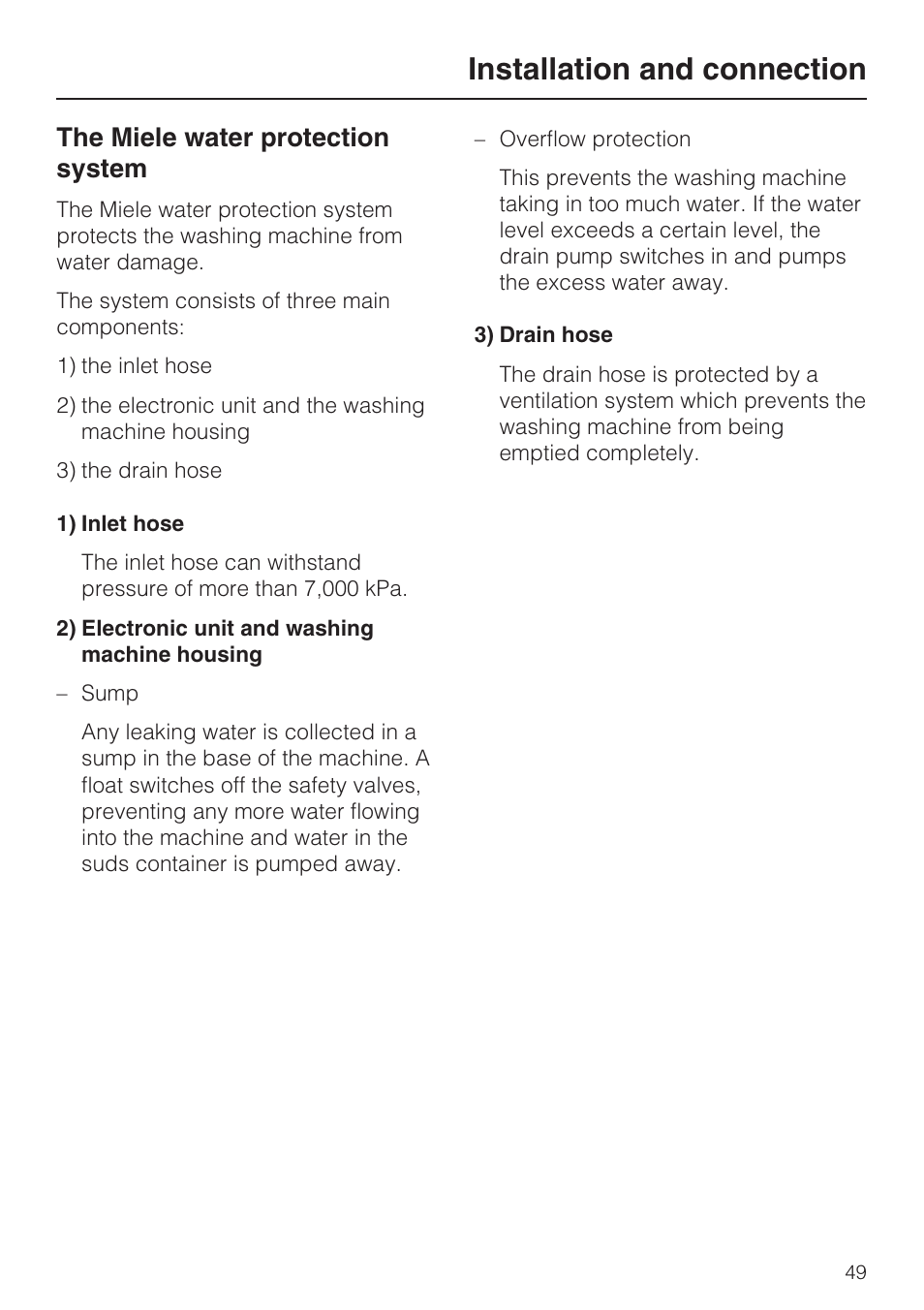 The miele water protection system 49, Installation and connection, The miele water protection system | Miele W 3748 User Manual | Page 49 / 64