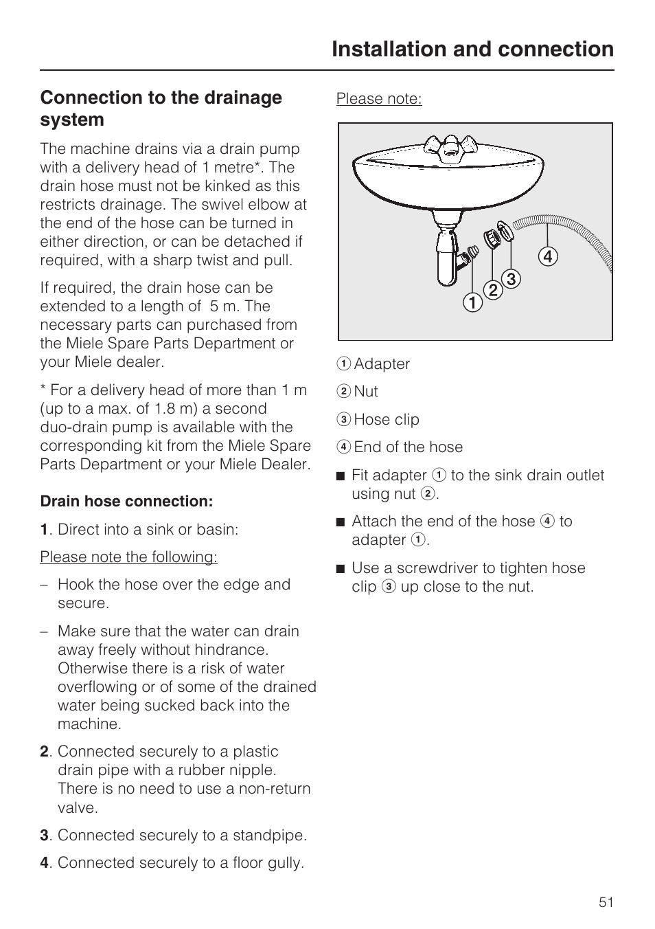 Connection to the drainage system 51, Installation and connection, Connection to the drainage system | Miele W 3748 User Manual | Page 51 / 64