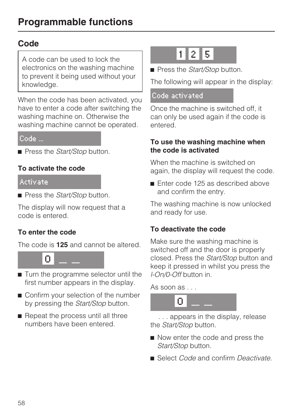 Code 58, Programmable functions, Code | Miele W 3748 User Manual | Page 58 / 64