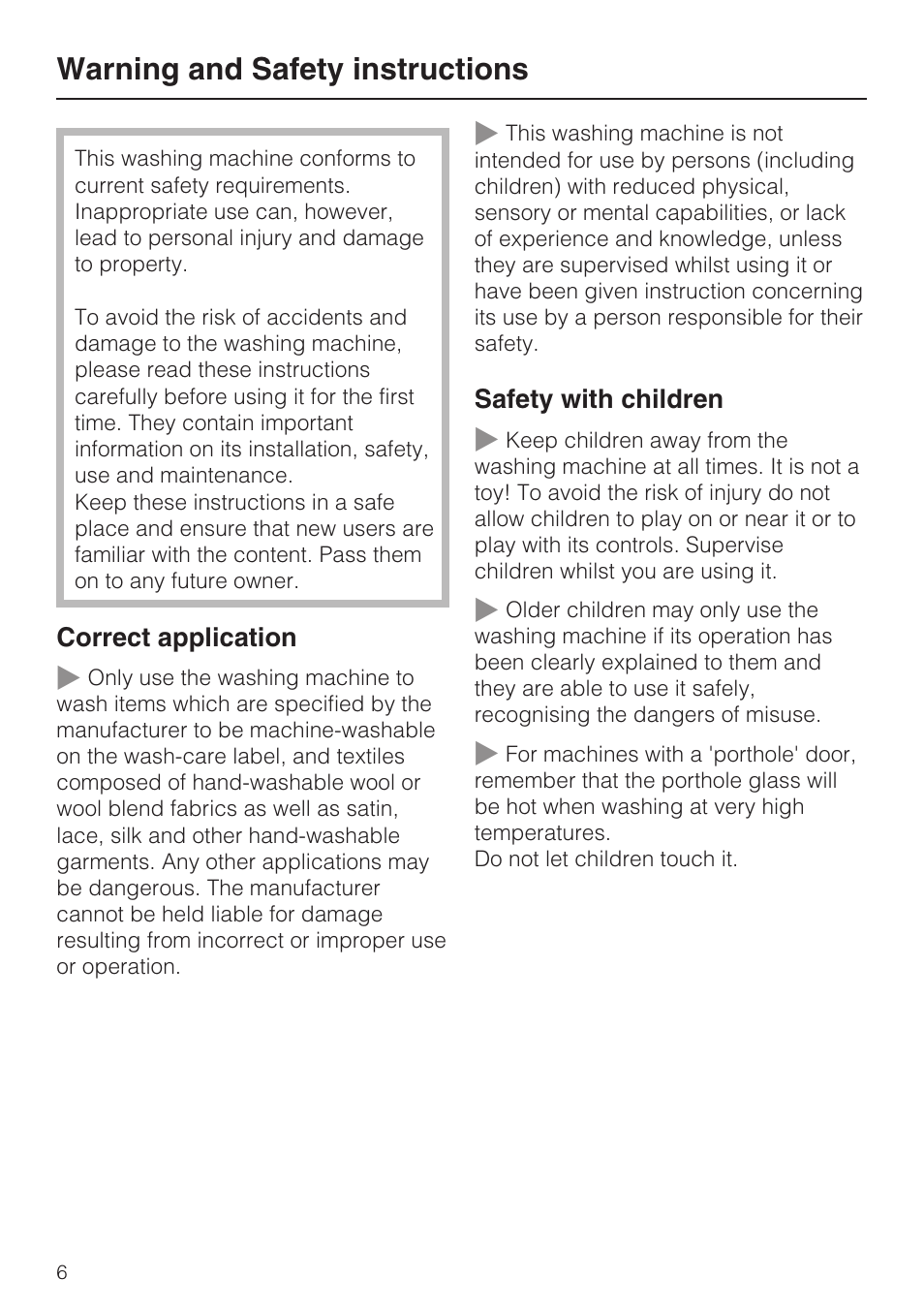 Warning and safety instructions 6, Warning and safety instructions | Miele W 3748 User Manual | Page 6 / 64