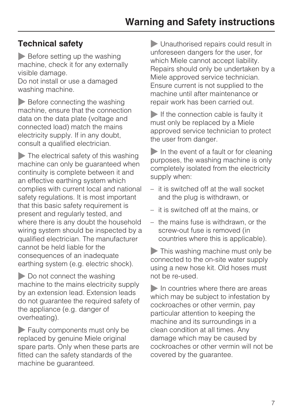 Warning and safety instructions | Miele W 3748 User Manual | Page 7 / 64