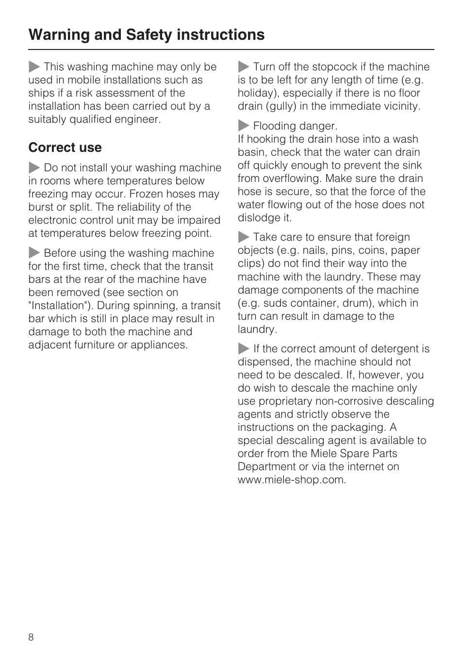 Warning and safety instructions | Miele W 3748 User Manual | Page 8 / 64
