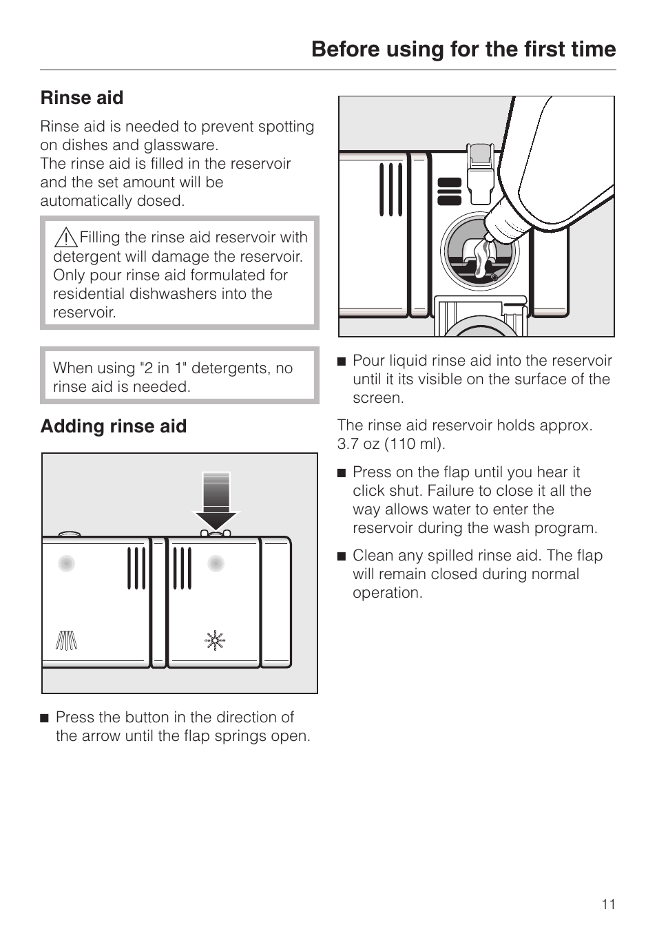 Rinse aid 11, Adding rinse aid 11, Before using for the first time | Rinse aid, Adding rinse aid | Miele ADVANTA G 1180 User Manual | Page 11 / 56