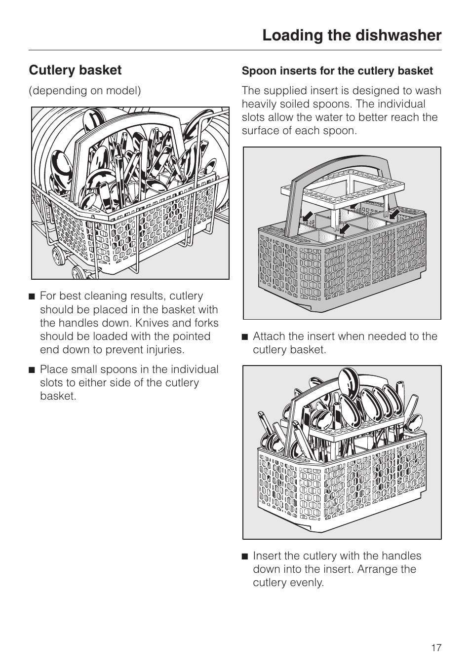 Cutlery basket 17, Loading the dishwasher, Cutlery basket | Miele ADVANTA G 1180 User Manual | Page 17 / 56