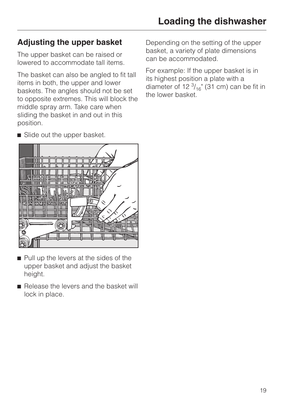Adjusting the upper basket 19, Loading the dishwasher, Adjusting the upper basket | Miele ADVANTA G 1180 User Manual | Page 19 / 56