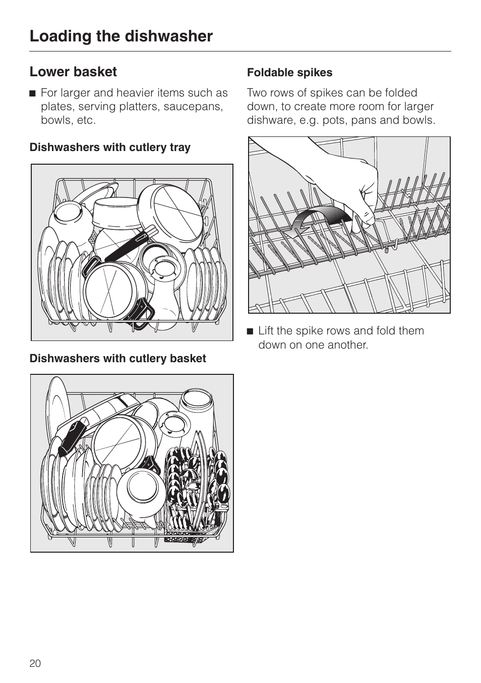 Lower basket 20, Loading the dishwasher, Lower basket | Miele ADVANTA G 1180 User Manual | Page 20 / 56