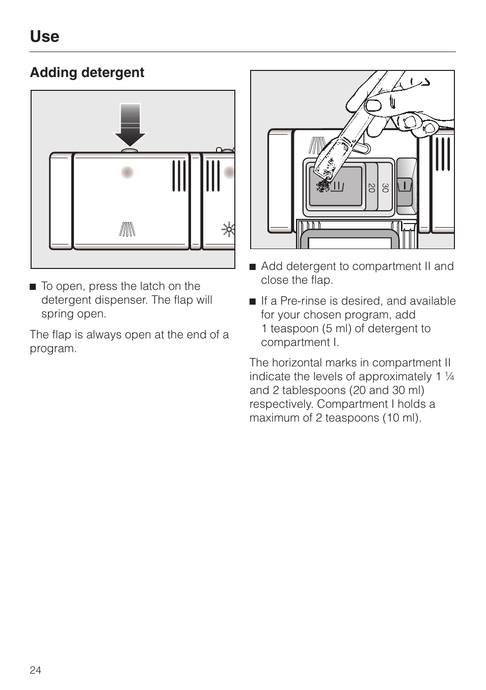 Adding detergent 24, Adding detergent | Miele ADVANTA G 1180 User Manual | Page 24 / 56