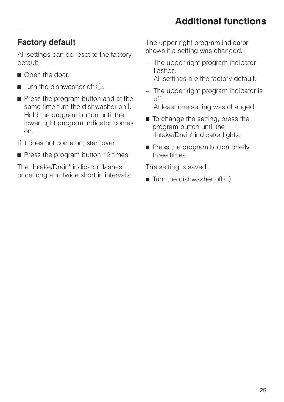 Additional functions, Factory default | Miele ADVANTA G 1180 User Manual | Page 29 / 56