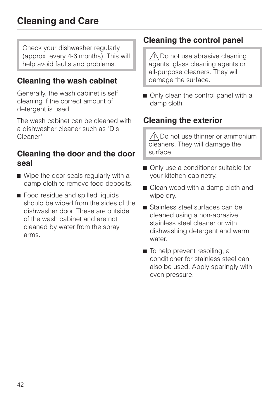 Cleaning and care 42, Cleaning the wash cabinet 42, Cleaning the door and the door seal 42 | Cleaning the control panel 42, Cleaning the exterior 42, Cleaning and care | Miele ADVANTA G 1180 User Manual | Page 42 / 56
