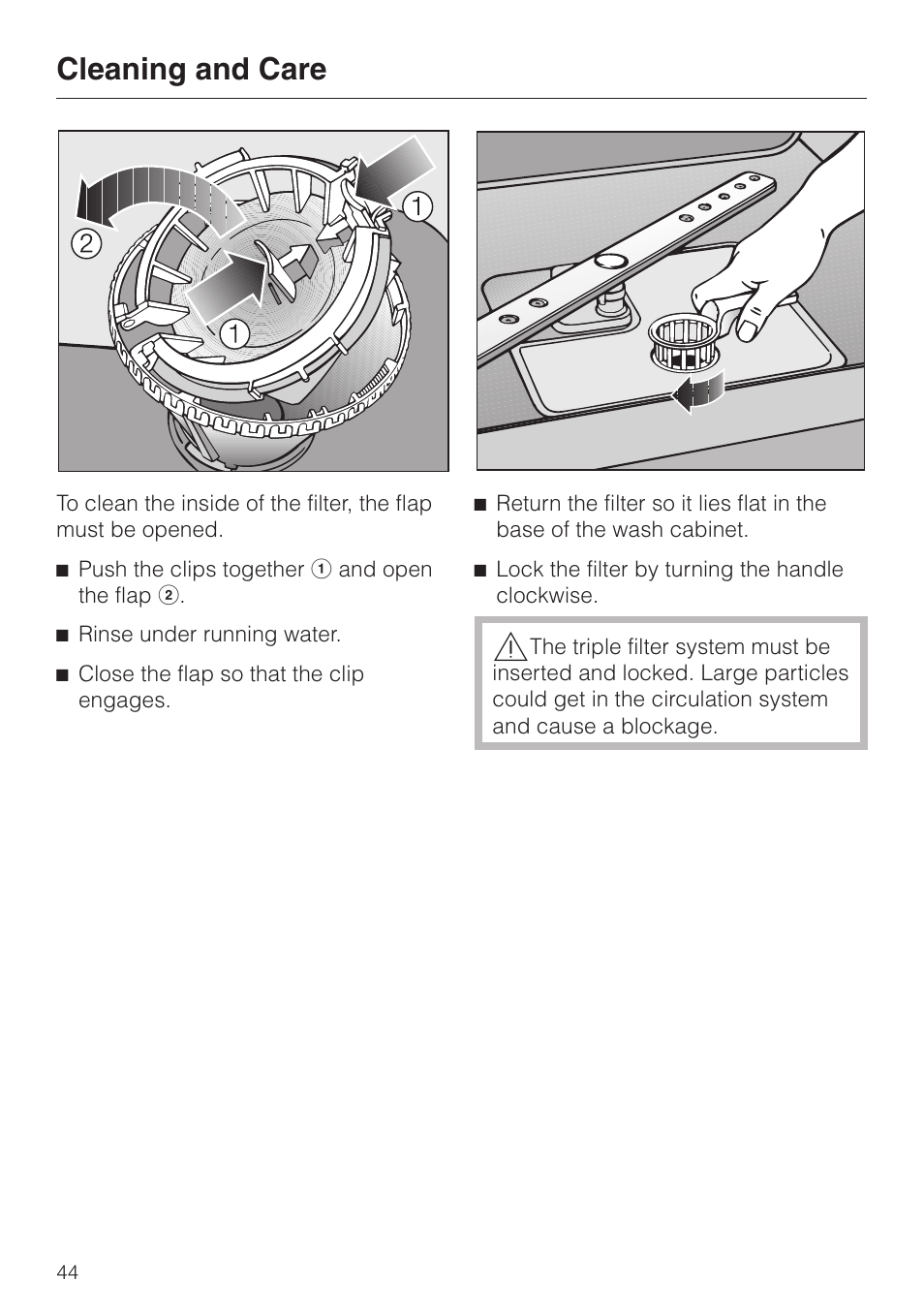 Cleaning and care | Miele ADVANTA G 1180 User Manual | Page 44 / 56