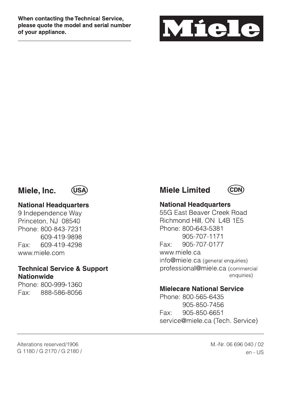 Miele ADVANTA G 1180 User Manual | Page 56 / 56