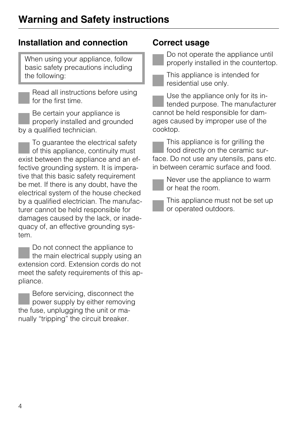Warning and safety instructions 4, Before using for the first time 9, Warning and safety instructions | Installation and connection, Correct usage | Miele KM 408-1 User Manual | Page 4 / 20