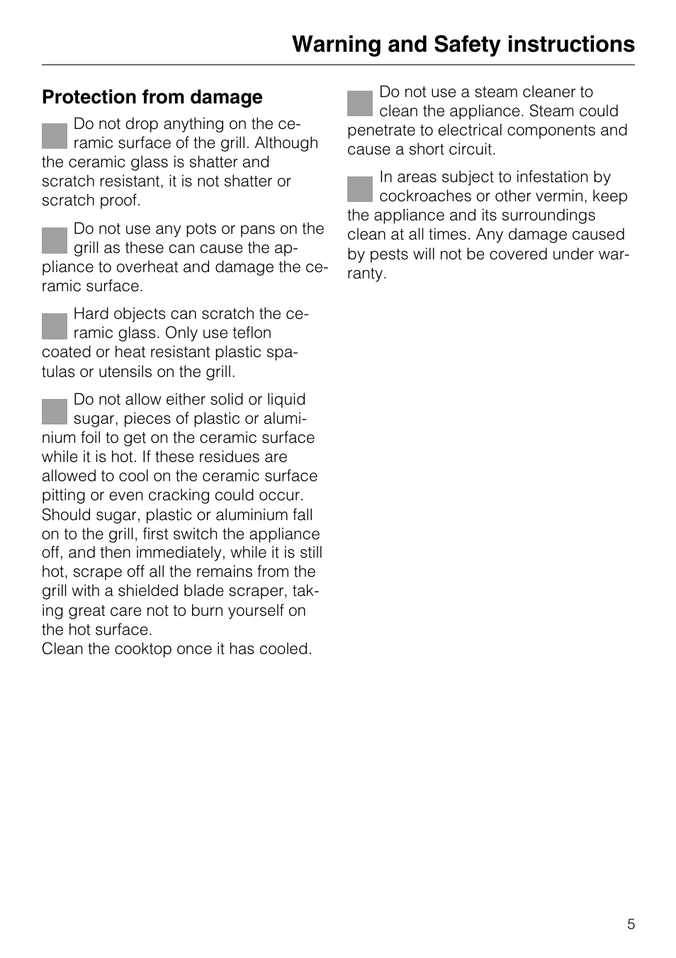 Warning and safety instructions, Protection from damage | Miele KM 408-1 User Manual | Page 5 / 20