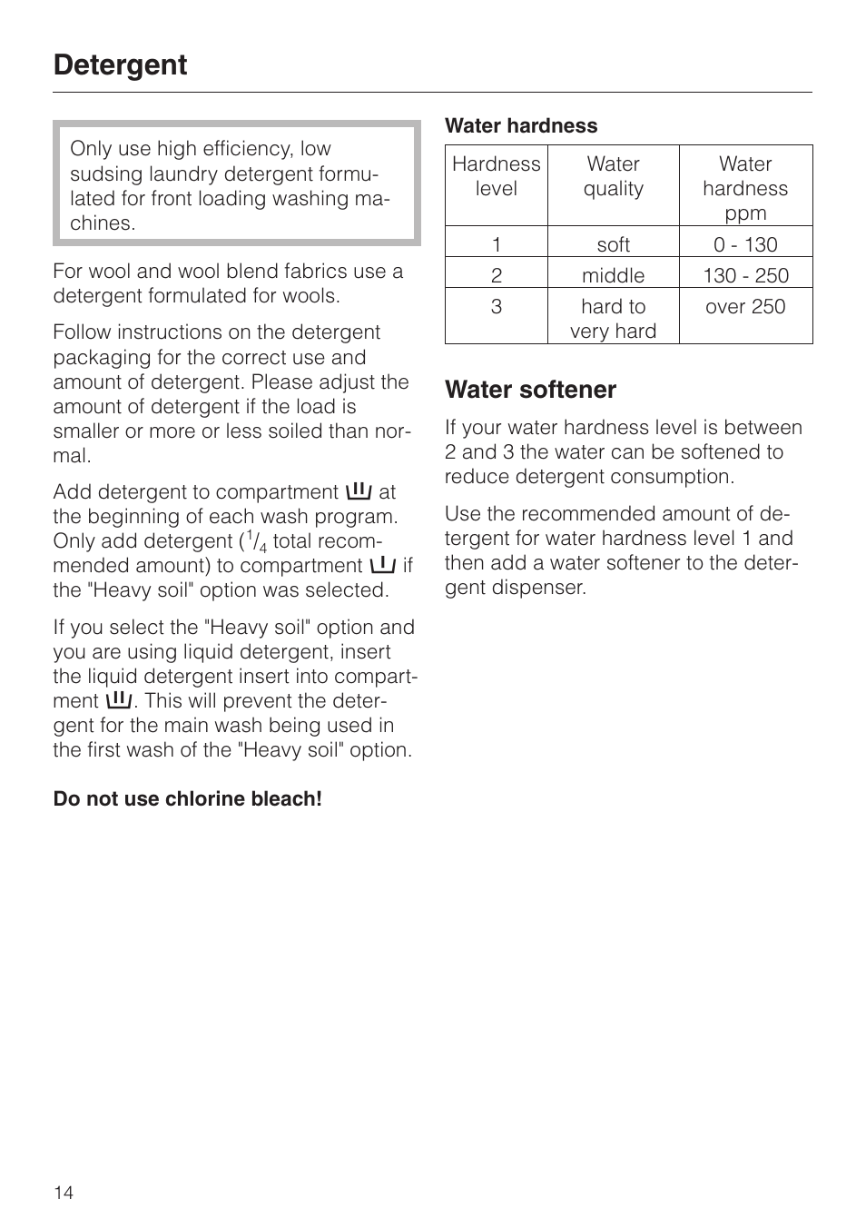 Detergent 14, Water softener 14, Detergent | Water softener | Miele NOVOTRONIC W 1966 User Manual | Page 14 / 52