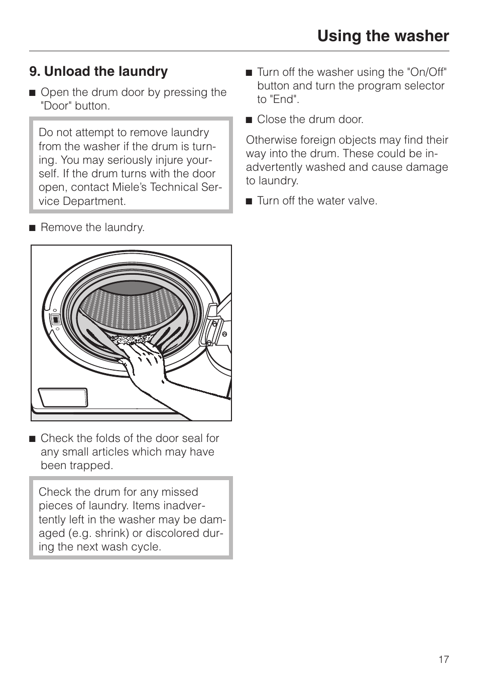 Unload the laundry 17, Unload the laundry, Using the washer | Miele NOVOTRONIC W 1966 User Manual | Page 17 / 52