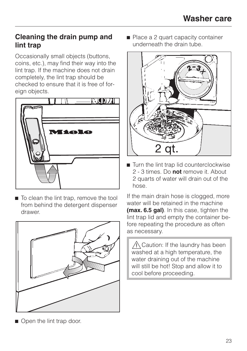Cleaning the drain pump and lint trap 23, Cleaning the drain pump and lint trap, Washer care | Miele NOVOTRONIC W 1966 User Manual | Page 23 / 52