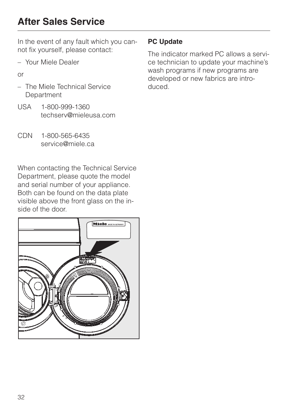 After sales ser vi ce 32, Pc update 32, After sales service | Pc update | Miele NOVOTRONIC W 1966 User Manual | Page 36 / 52
