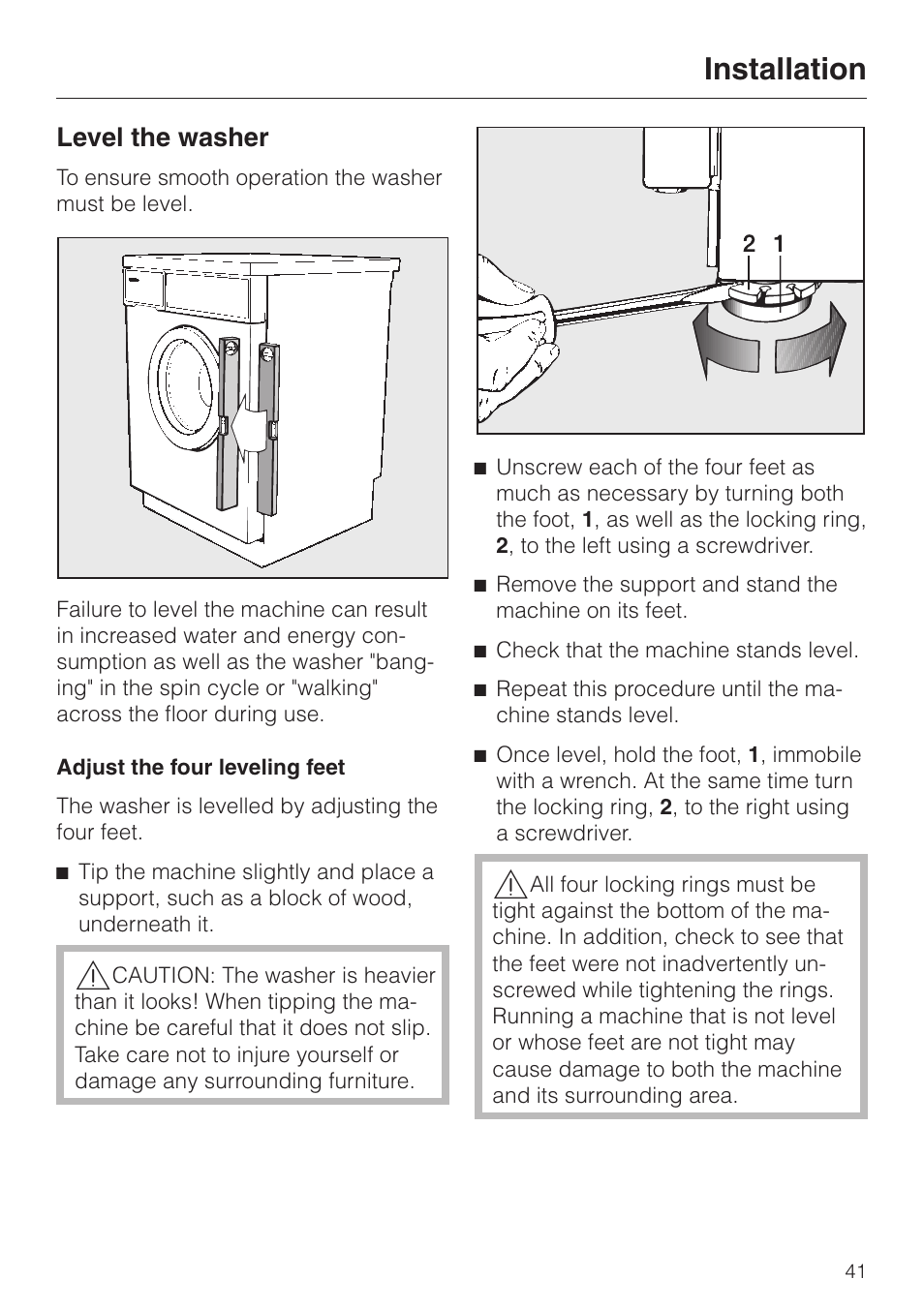 Level the washer 41, Adjust the four leveling feet 41, Level the washer | Adjust the four leveling feet, Installation | Miele NOVOTRONIC W 1966 User Manual | Page 45 / 52