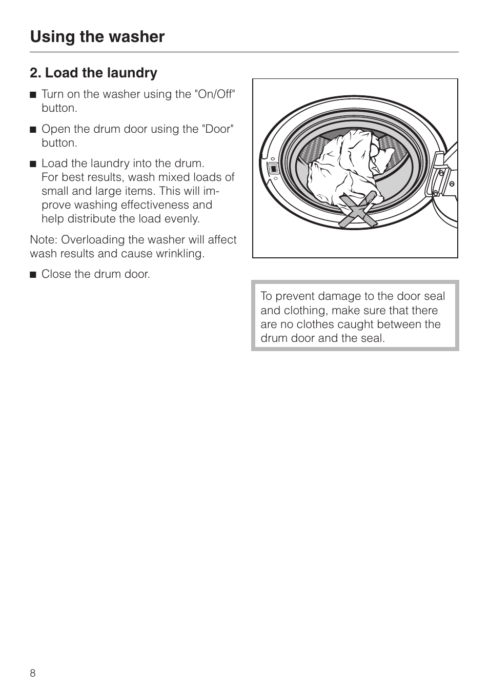 Load the laundry 8, Load the laundry, Using the washer | Miele NOVOTRONIC W 1966 User Manual | Page 8 / 52