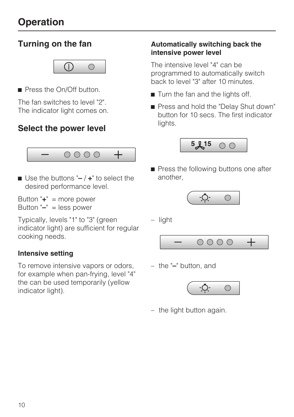 Operation 10, Turning on the fan 10, Select the power level 10 | Operation, Turning on the fan, Select the power level | Miele DA 424 V User Manual | Page 10 / 36