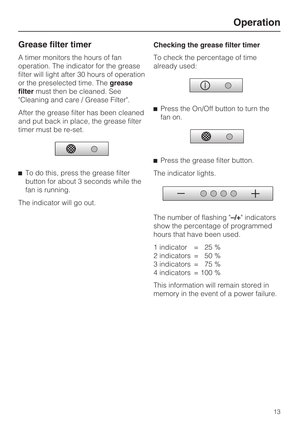 Grease filter timer 13, Operation, Grease filter timer | Miele DA 424 V User Manual | Page 13 / 36