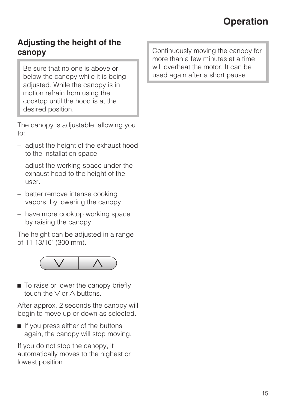 Adjusting the height of the canopy 15, Operation, Adjusting the height of the canopy | Miele DA 424 V User Manual | Page 15 / 36